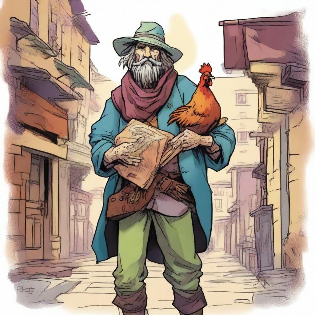 A vibrant, high-quality comic-style illustration displays a homeless vagrant as a fantasy Dungeons and Dragons bard in an olde town setting