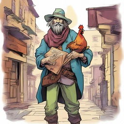 A vibrant, high-quality comic-style illustration displays a homeless vagrant as a fantasy Dungeons and Dragons bard in an olde town setting