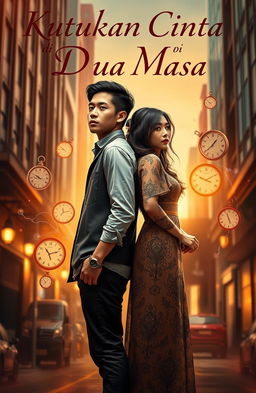 A stunning novel cover for "Kutukan Cinta di Dua Masa" featuring a romantic yet mystical theme
