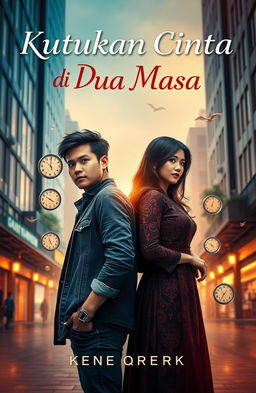 A stunning novel cover for "Kutukan Cinta di Dua Masa" featuring a romantic yet mystical theme