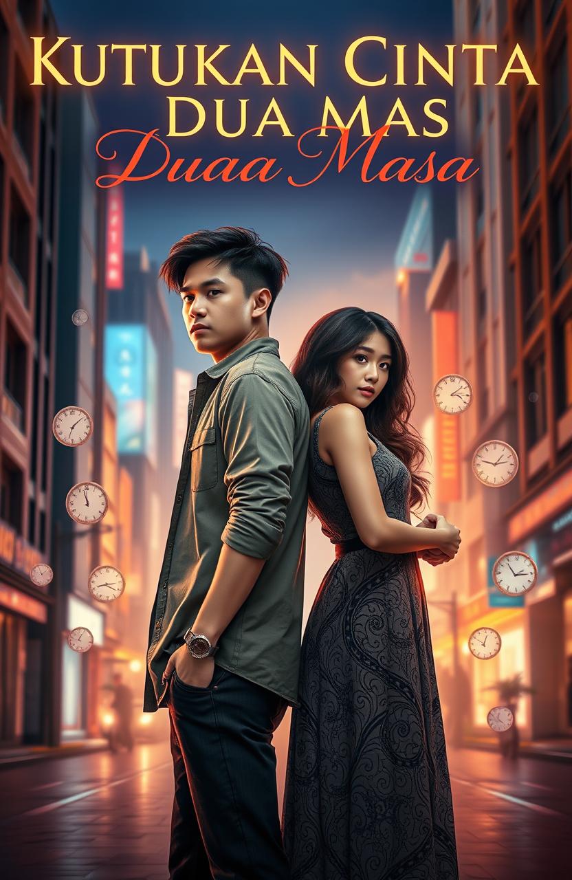 A stunning novel cover for "Kutukan Cinta di Dua Masa" featuring a romantic yet mystical theme