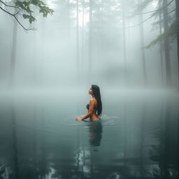 A tranquil forest lake enveloped in soft mist, surrounded by tall trees and natural foliage