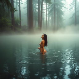 A tranquil forest lake enveloped in soft mist, surrounded by tall trees and natural foliage