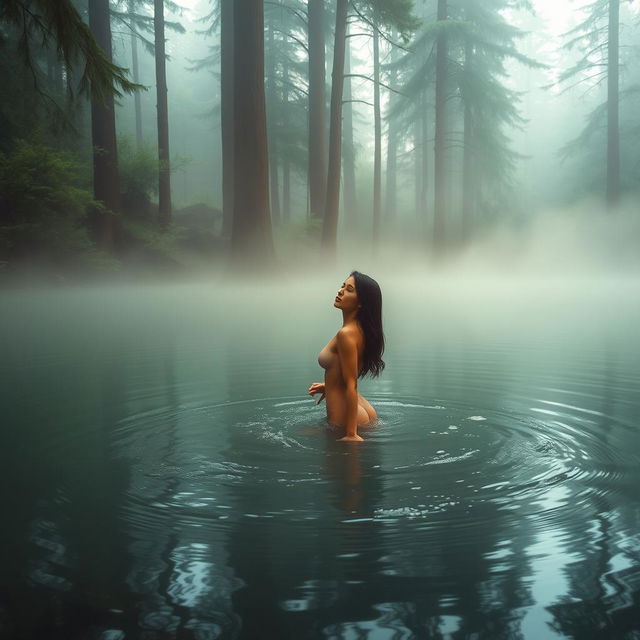 A tranquil forest lake enveloped in soft mist, surrounded by tall trees and natural foliage