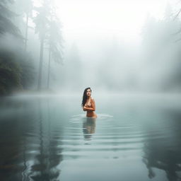 A tranquil forest lake enveloped in soft mist, surrounded by tall trees and natural foliage