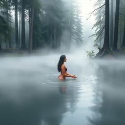 A tranquil forest lake enveloped in soft mist, surrounded by tall trees and natural foliage