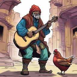 A vibrant, high-quality comic-style illustration displays a homeless vagrant as a fantasy Dungeons and Dragons bard in an olde town setting