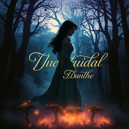 A captivating novel cover design featuring a mystical forest at twilight, illuminated by soft, glowing lights