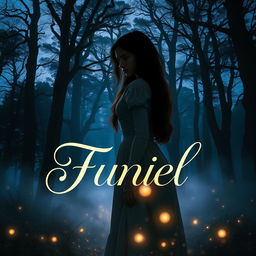 A captivating novel cover design featuring a mystical forest at twilight, illuminated by soft, glowing lights