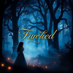 A captivating novel cover design featuring a mystical forest at twilight, illuminated by soft, glowing lights