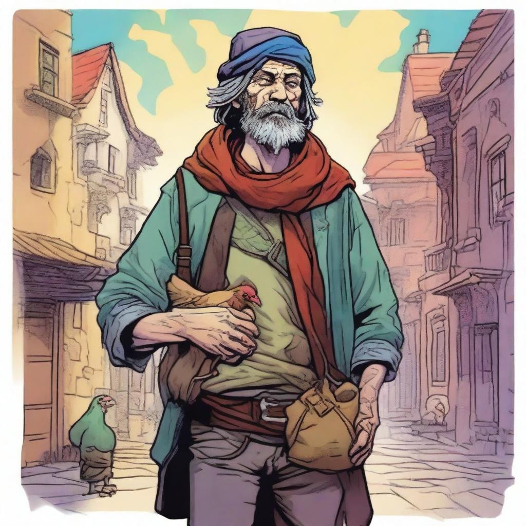 A vibrant, high-quality comic-style illustration displays a homeless vagrant as a fantasy Dungeons and Dragons bard in an olde town setting