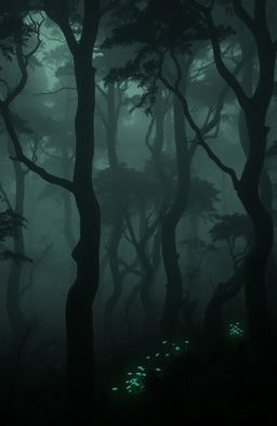 A dark forest shrouded in mysterious fog, with towering trees that have twisted trunks and dense foliage