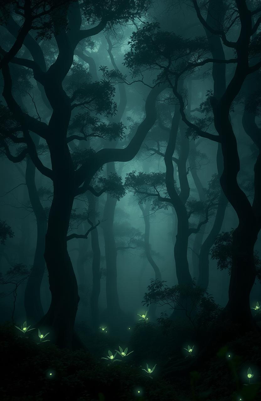 A dark forest shrouded in mysterious fog, with towering trees that have twisted trunks and dense foliage