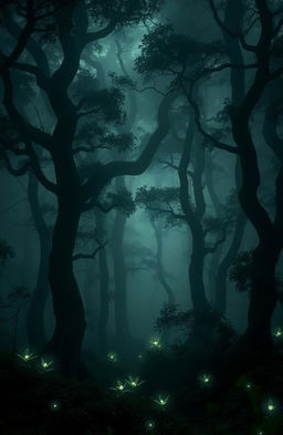 A dark forest shrouded in mysterious fog, with towering trees that have twisted trunks and dense foliage