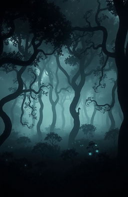 A dark forest shrouded in mysterious fog, with towering trees that have twisted trunks and dense foliage
