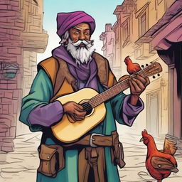 A vibrant, high-quality comic-style illustration displays a homeless vagrant as a fantasy Dungeons and Dragons bard in an olde town setting