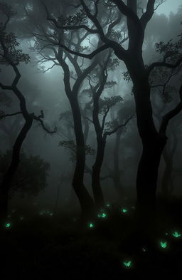 A dark forest shrouded in mysterious fog, with towering trees that have twisted trunks and dense foliage