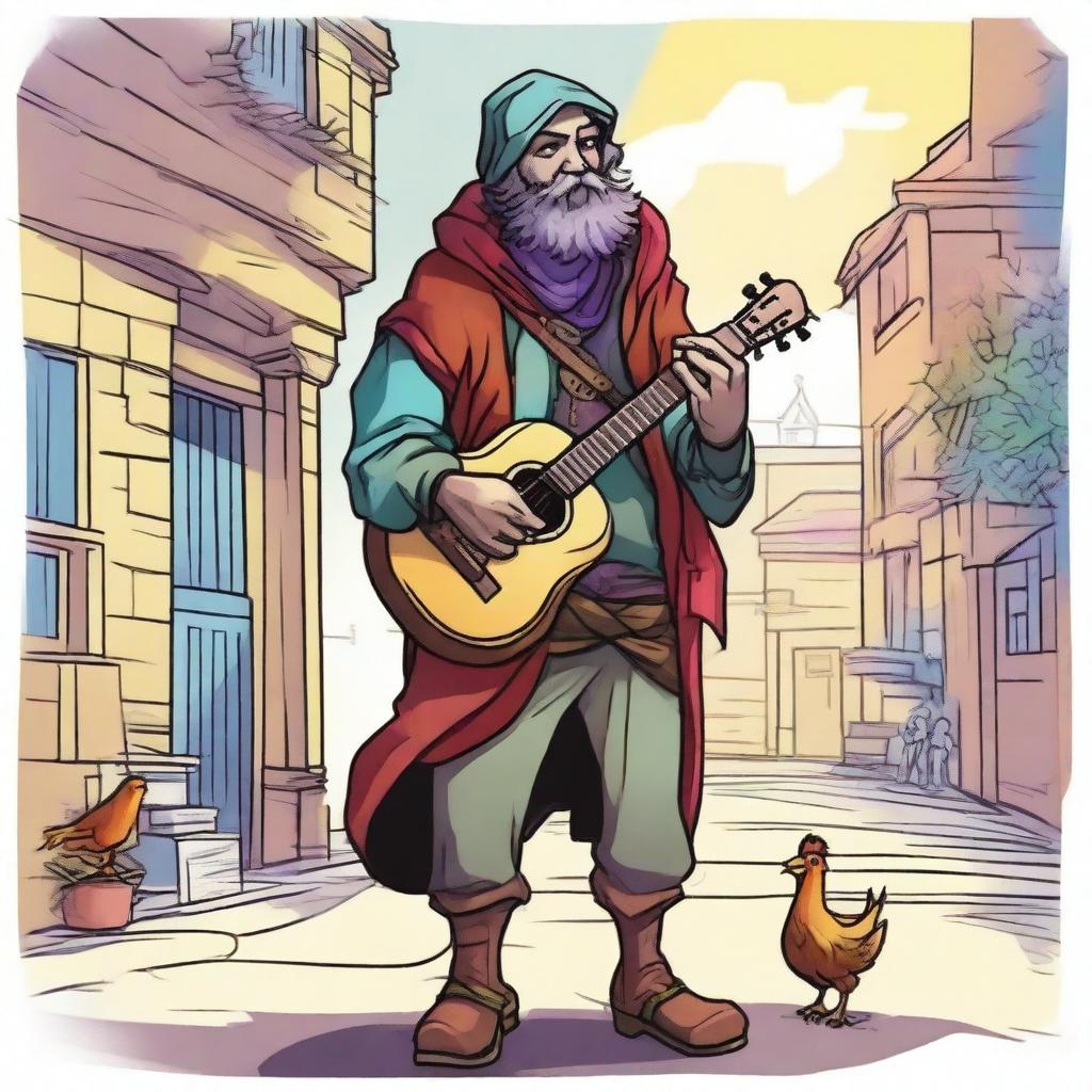 A vivid comic-style illustration of a homeless bard from a fantasy DnD setting