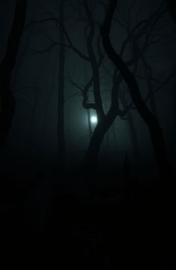 A dark, eerie forest shrouded in thick fog, with gnarled trees that loom ominously in the background