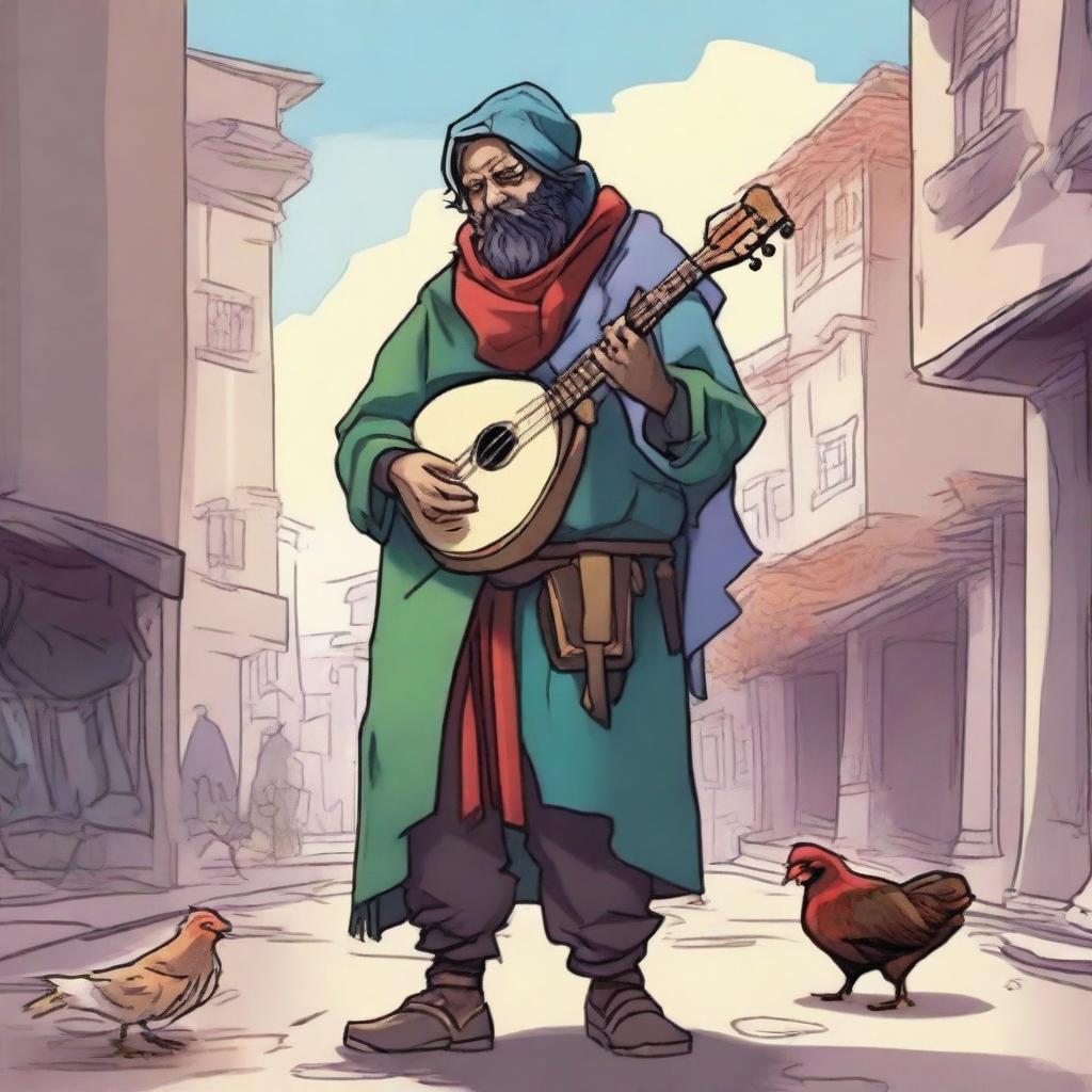 A vivid comic-style illustration of a homeless bard from a fantasy DnD setting