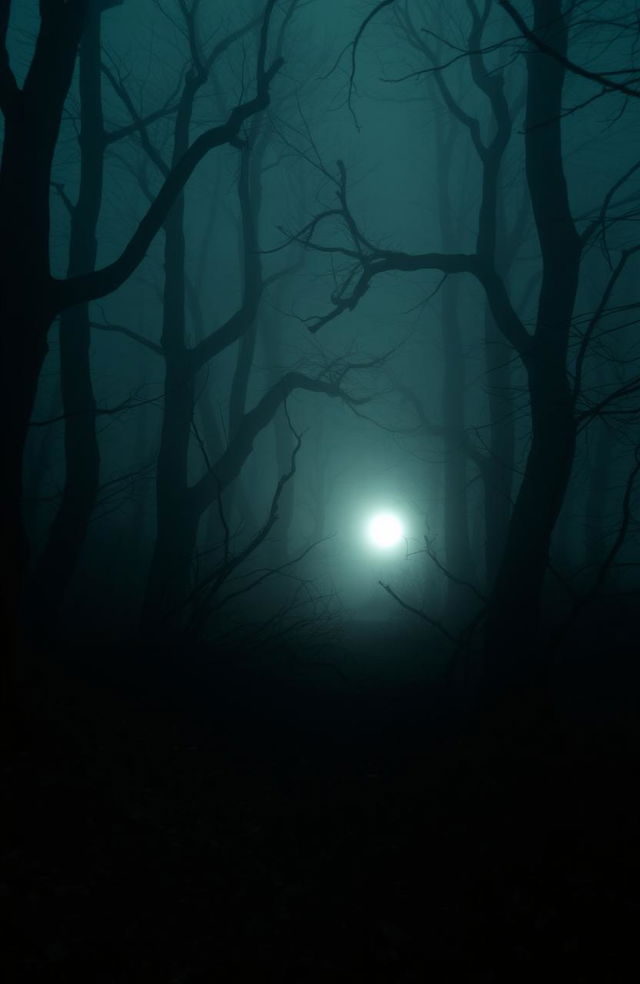 A dark, eerie forest shrouded in thick fog, with gnarled trees that loom ominously in the background