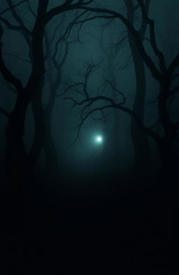 A dark, eerie forest shrouded in thick fog, with gnarled trees that loom ominously in the background