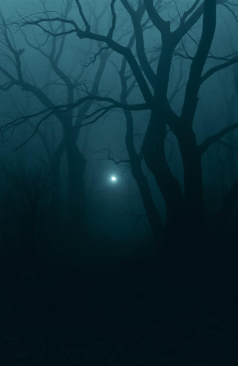 A dark, eerie forest shrouded in thick fog, with gnarled trees that loom ominously in the background