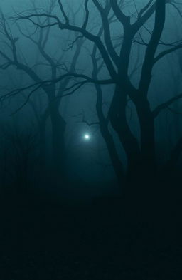 A dark, eerie forest shrouded in thick fog, with gnarled trees that loom ominously in the background