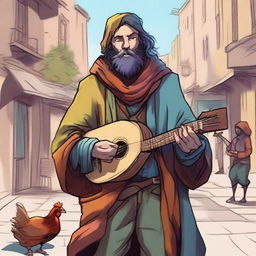 A vivid comic-style illustration of a homeless bard from a fantasy DnD setting