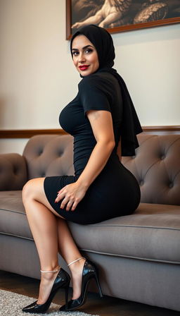An elegant European woman, 43 years old with white skin, portrayed as a busty teacher