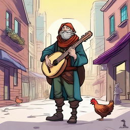 A vivid comic-style illustration of a homeless bard from a fantasy DnD setting