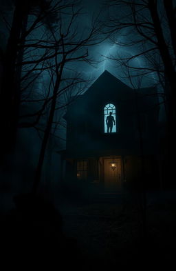 A haunting scene set in an abandoned, dimly lit mansion nestled in a dark forest, fog swirling around the trees