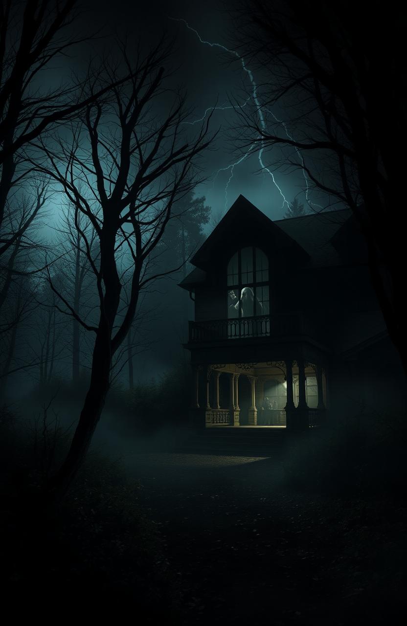 A haunting scene set in an abandoned, dimly lit mansion nestled in a dark forest, fog swirling around the trees