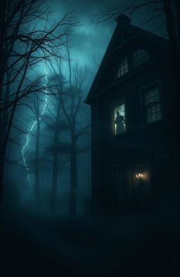 A haunting scene set in an abandoned, dimly lit mansion nestled in a dark forest, fog swirling around the trees