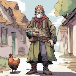 A lively, high-quality comic-style illustration depicting a homeless vagrant as a fantasy Dungeons and Dragons bard in a quaint village