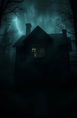 A haunting scene set in an abandoned, dimly lit mansion nestled in a dark forest, fog swirling around the trees