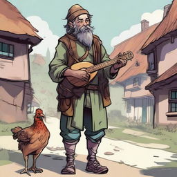 A lively, high-quality comic-style illustration depicting a homeless vagrant as a fantasy Dungeons and Dragons bard in a quaint village