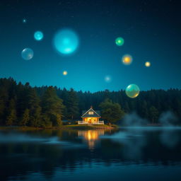 A tranquil lakeside scene featuring a charming lake house surrounded by dense, lush woods
