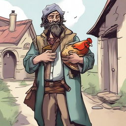 A lively, high-quality comic-style illustration depicting a homeless vagrant as a fantasy Dungeons and Dragons bard in a quaint village