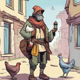 A lively, high-quality comic-style illustration depicting a homeless vagrant as a fantasy Dungeons and Dragons bard in a quaint village