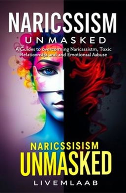 A conceptual book cover design for "Narcissism Unmasked: A Guide for Overcoming Narcissists, Toxic Relationships and Emotional Abuse"
