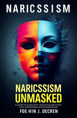 A conceptual book cover design for "Narcissism Unmasked: A Guide for Overcoming Narcissists, Toxic Relationships and Emotional Abuse"