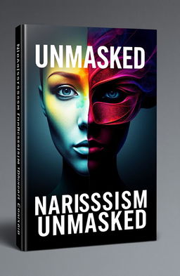 A conceptual book cover design for "Narcissism Unmasked: A Guide for Overcoming Narcissists, Toxic Relationships and Emotional Abuse"