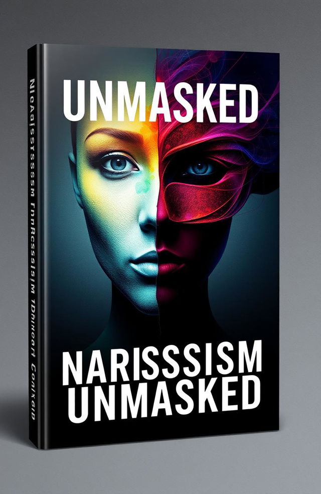 A conceptual book cover design for "Narcissism Unmasked: A Guide for Overcoming Narcissists, Toxic Relationships and Emotional Abuse"