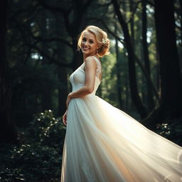 A stunning raw photograph of a beautiful blonde bride standing elegantly in a moody, enchanting forest