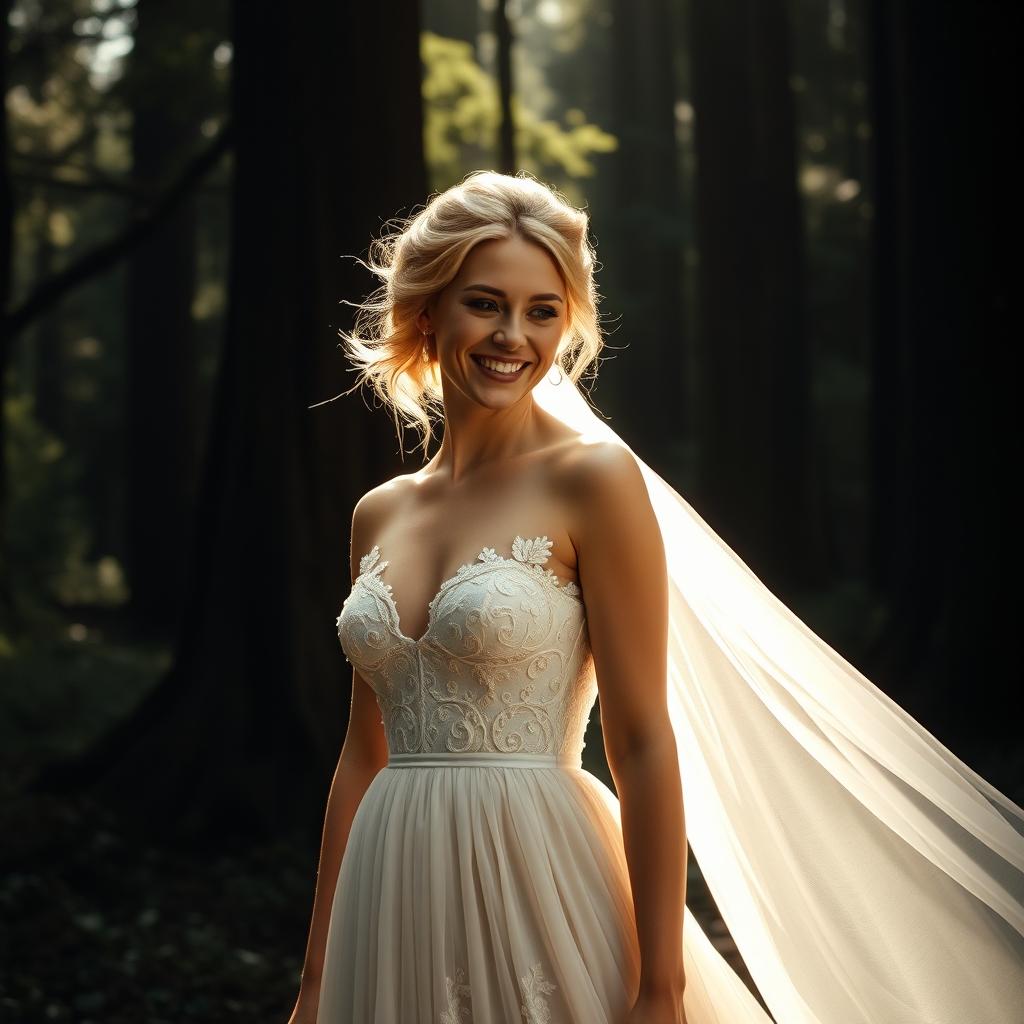 A stunning raw photograph of a beautiful blonde bride standing elegantly in a moody, enchanting forest