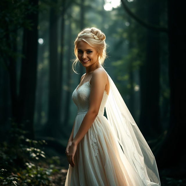 A stunning raw photograph of a beautiful blonde bride standing elegantly in a moody, enchanting forest