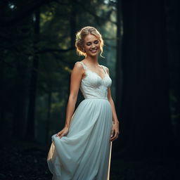 A stunning raw photograph of a beautiful blonde bride standing elegantly in a moody, enchanting forest