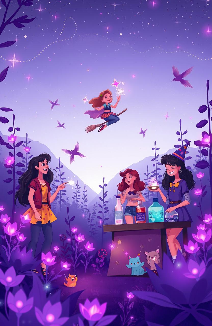 A whimsical scene depicting a vibrant, purple-themed magical teenage life