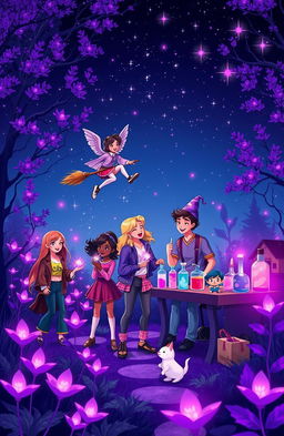 A whimsical scene depicting a vibrant, purple-themed magical teenage life